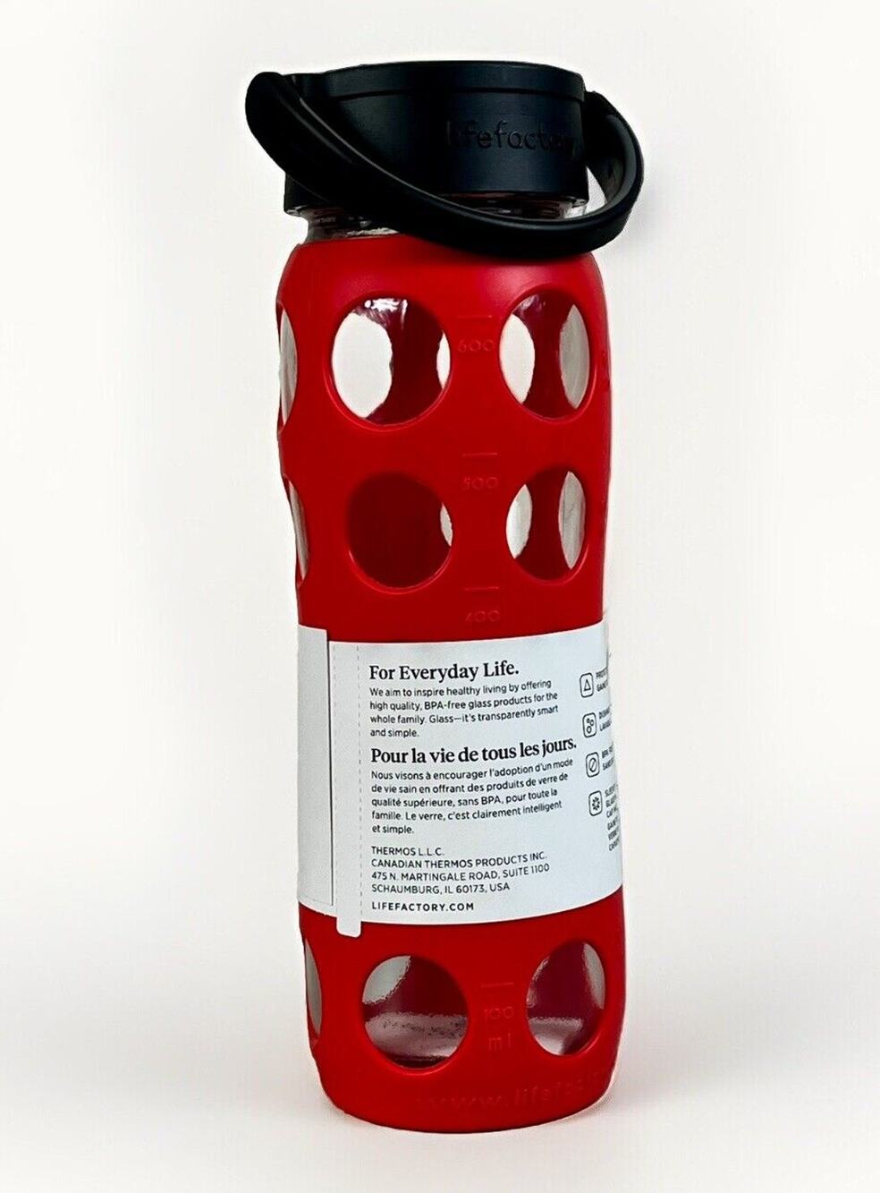 LIFEFACTORY 22 oz Glass Water Bottle With Silicone Sleeve Screw Top - Poppy RED